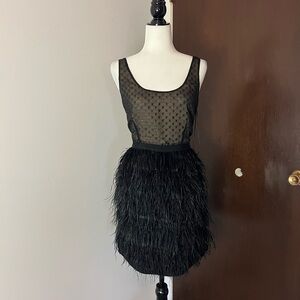 2000s Black Feather-Trim Polka Dot Cocktail Dress